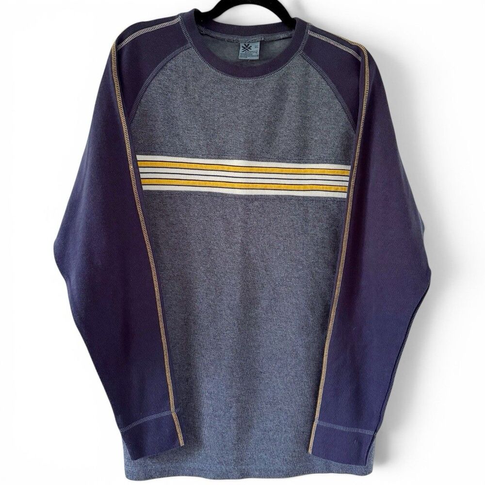 Vtg Y2K Men Long Sleeve Striped Grunge Skater Sweater Shirt XL Navy Blue Yellow